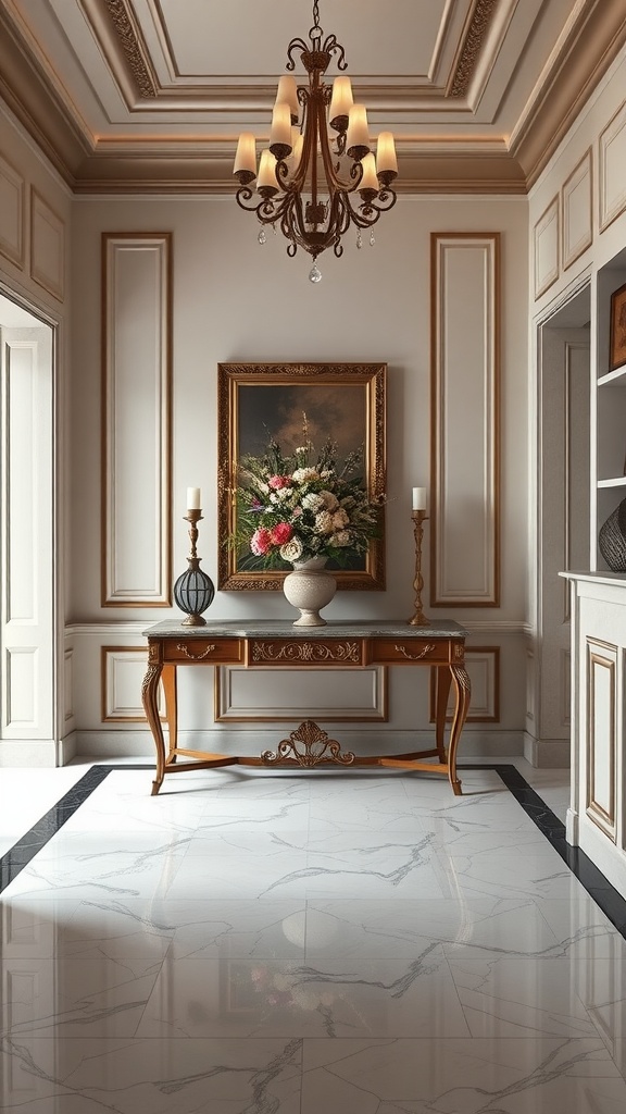 Elegant entryway with chandelier, ornate console table, and floral arrangement