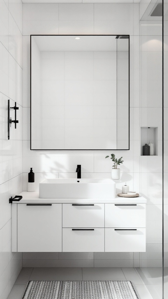 A minimalist bathroom featuring a large mirror, a stylish sink, and a small plant, embodying a serene and clean design.