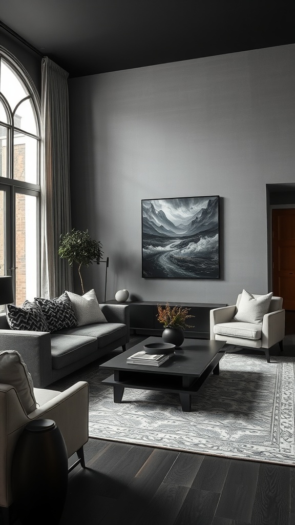 A cozy living room with a mix of dark and light textiles, featuring sleek black furniture, light throw pillows, and a rich, textured rug.