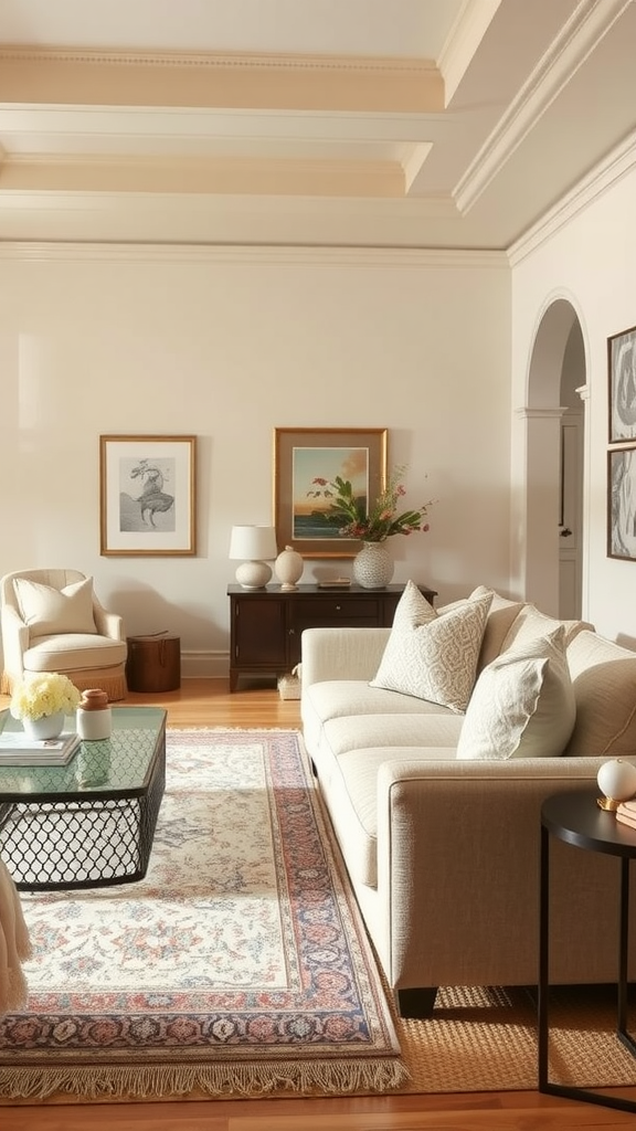 A bright, neutral living room featuring cream-colored furniture, a patterned rug, and decorative accents.