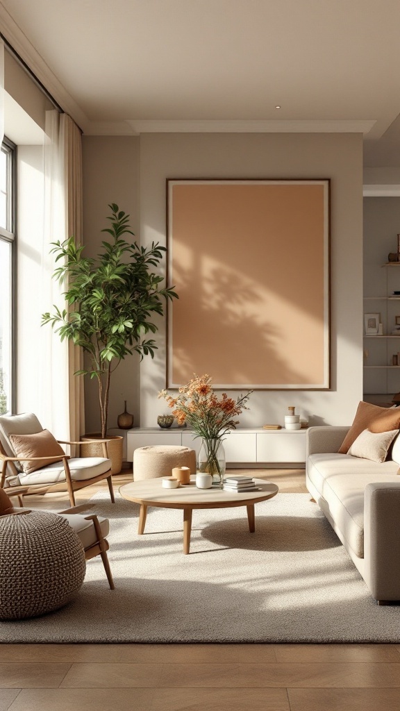 A warm neutral living room with cozy furniture and plants, designed for relaxation.