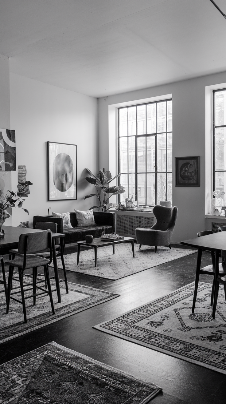 Black and white living room with multiple area rugs defining different spaces