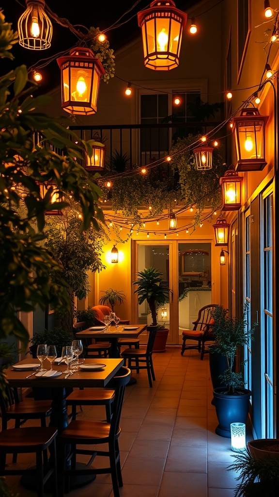 A beautifully lit small balcony with dining tables, greenery, and warm lanterns.