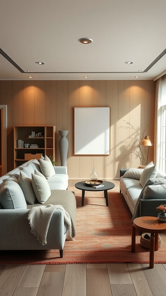 A cozy living room with two sofas, layered textiles, and warm colors, showcasing the creation of zones in interior design.