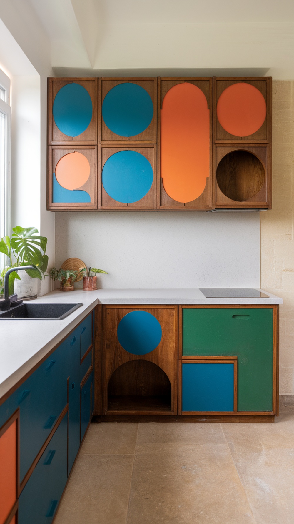 A modern kitchen featuring creatively shaped cabinets in vibrant colors.
