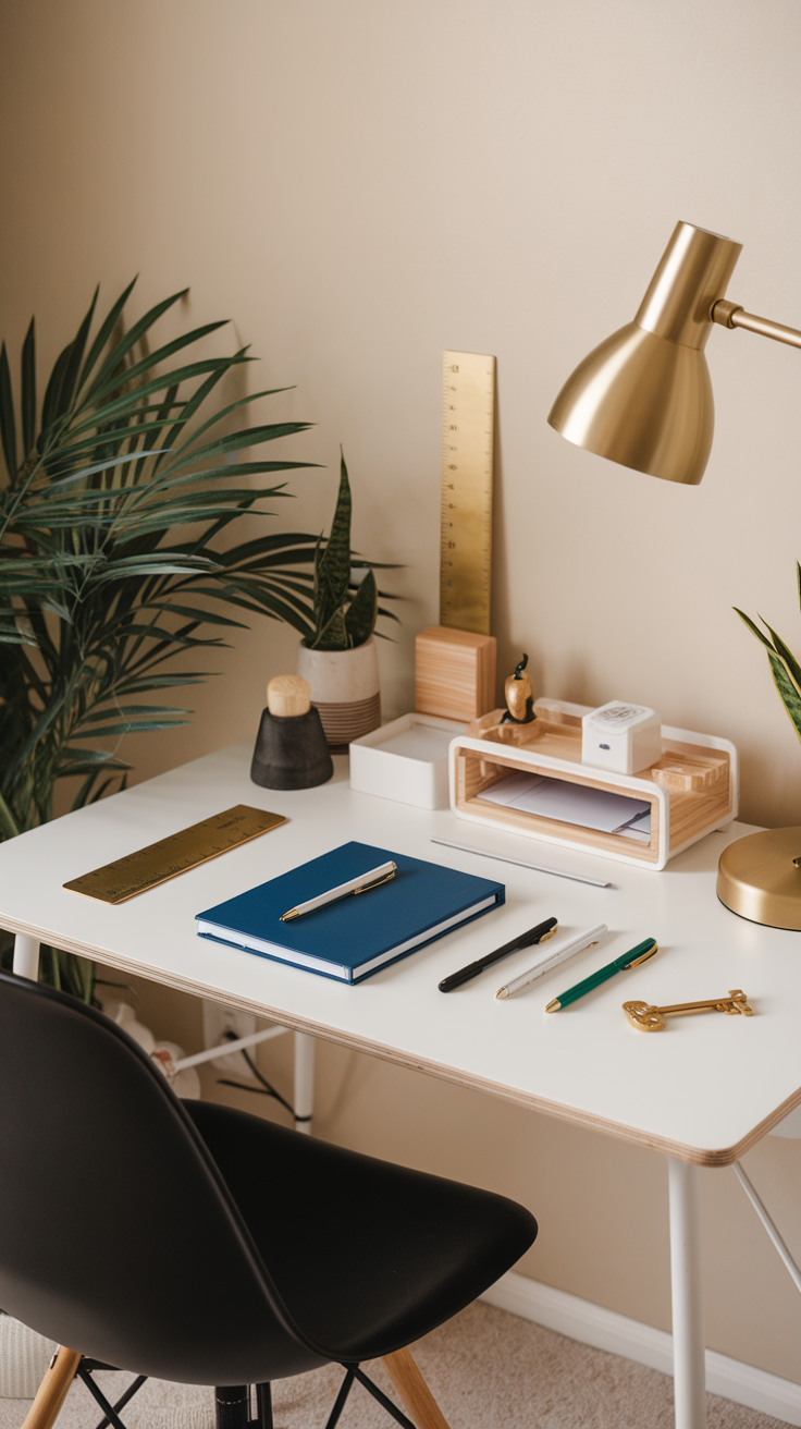 A neatly organized desk with a gold lamp, various pens, a blue notebook, and potted plants.