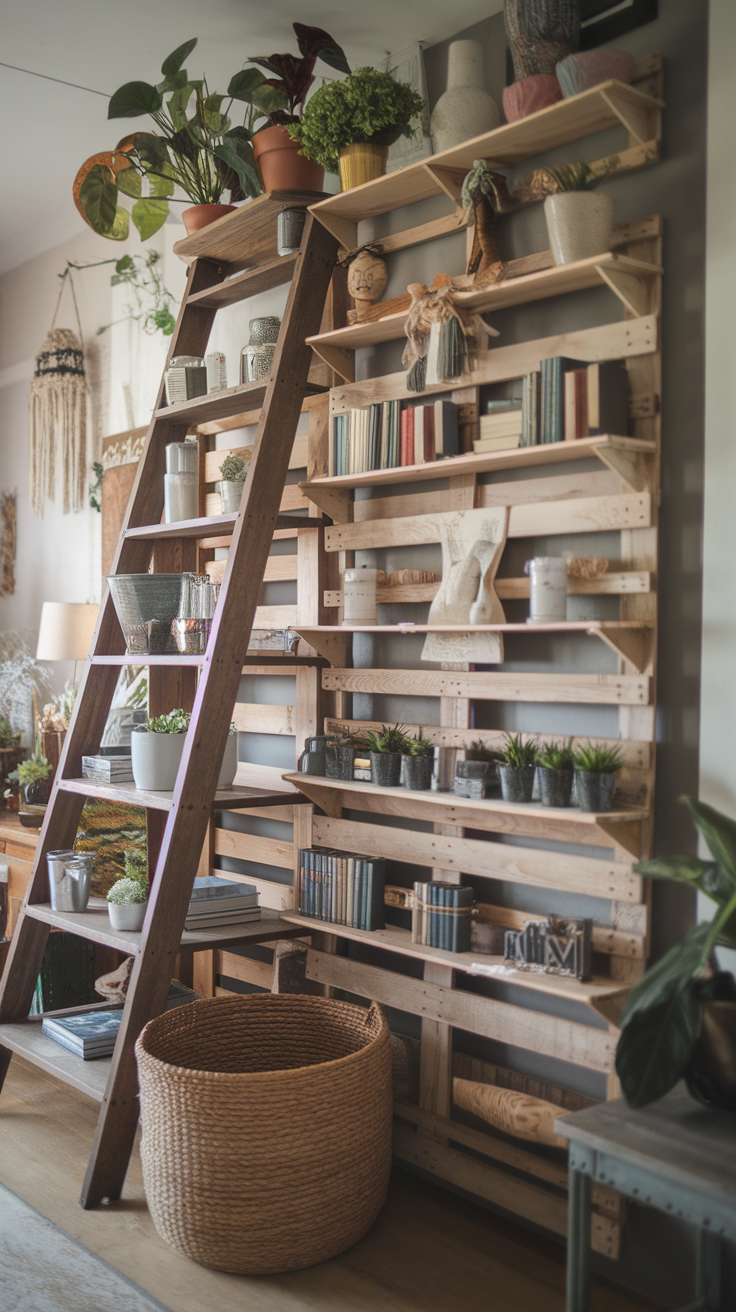 A wooden pallet shelf filled with plants, books, and decorative items in a cozy living room setting.