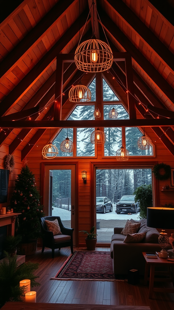 Cozy living room with creative lighting fixtures in an A Frame house, featuring a snowy landscape outside.