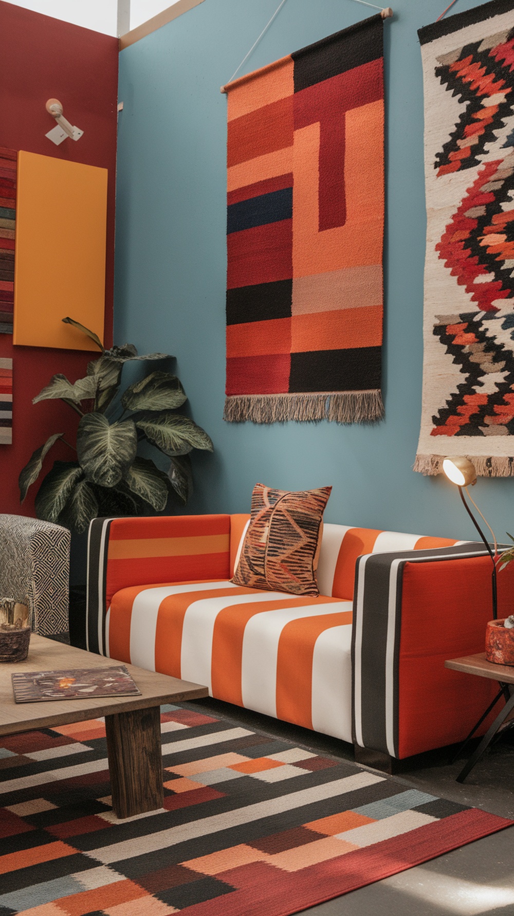 A vibrant living room with a striped orange and white couch, colorful rugs, and patterned wall hangings.