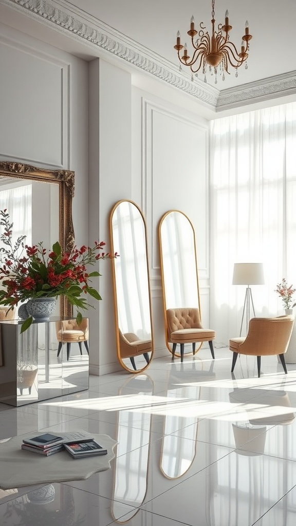 A stylish room featuring two tall mirrors, elegant furniture, and a vibrant flower arrangement.