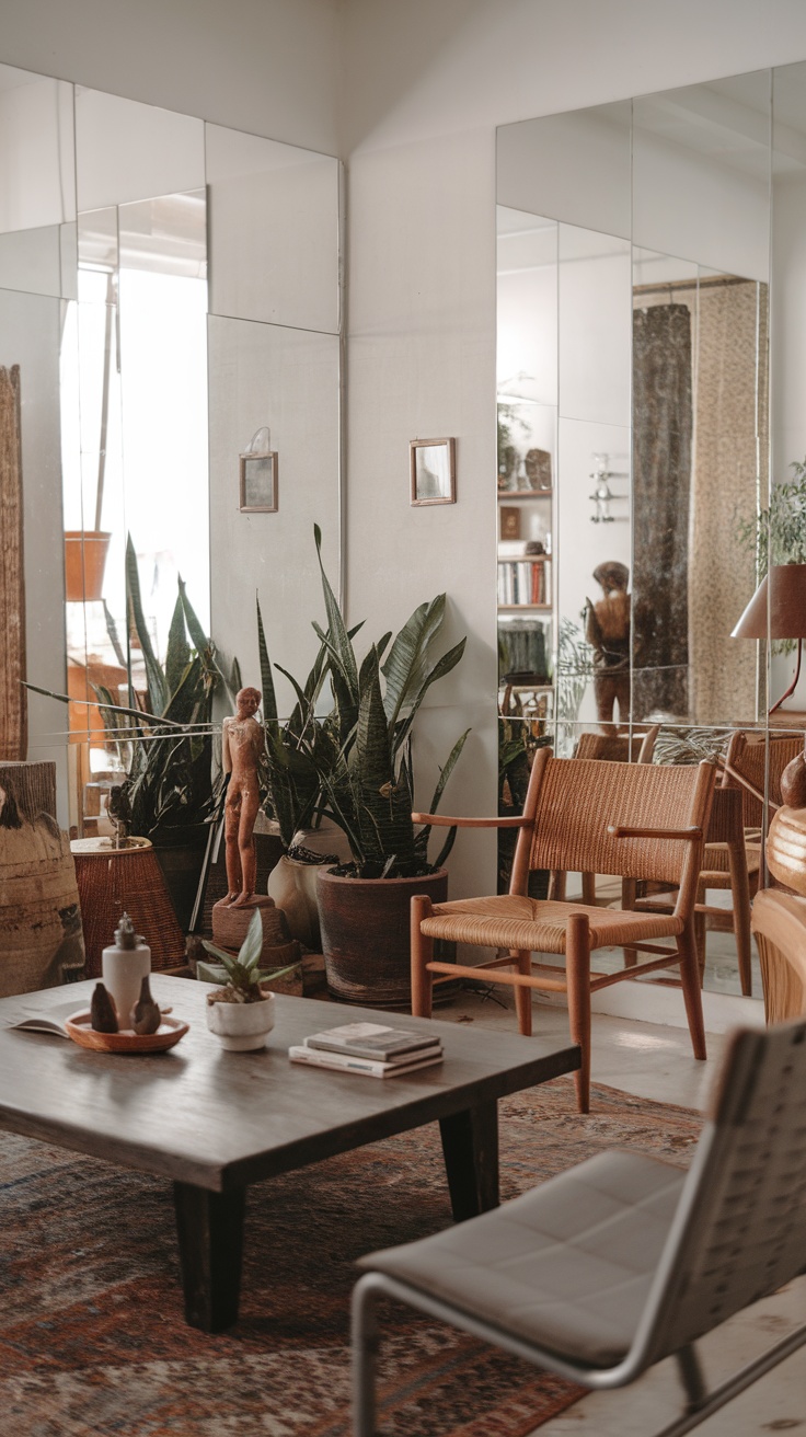 A cozy boho living room with mirrors, plants, and wooden furniture.