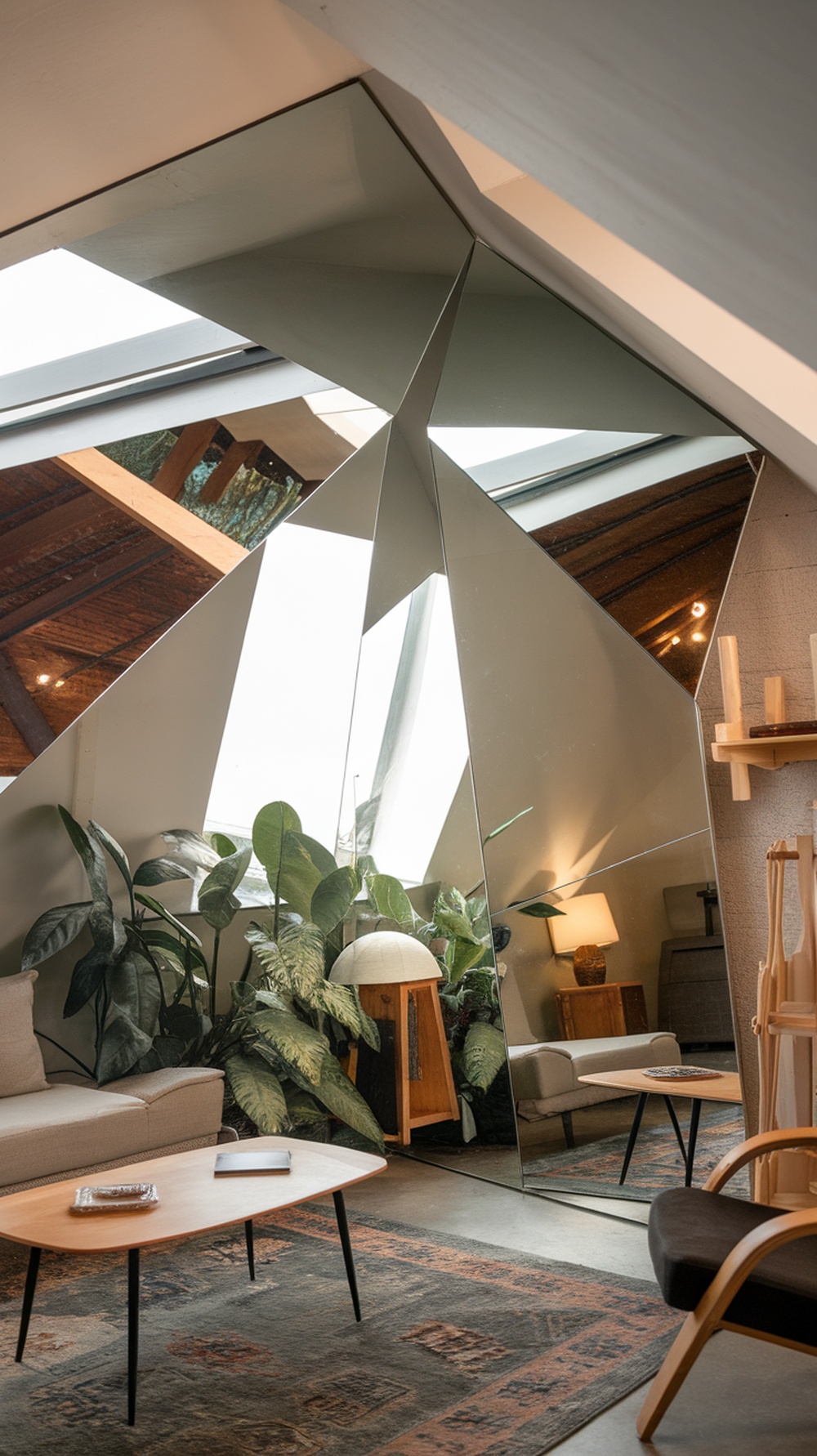 A creatively designed mirror reflecting light and greenery in a modern living room.