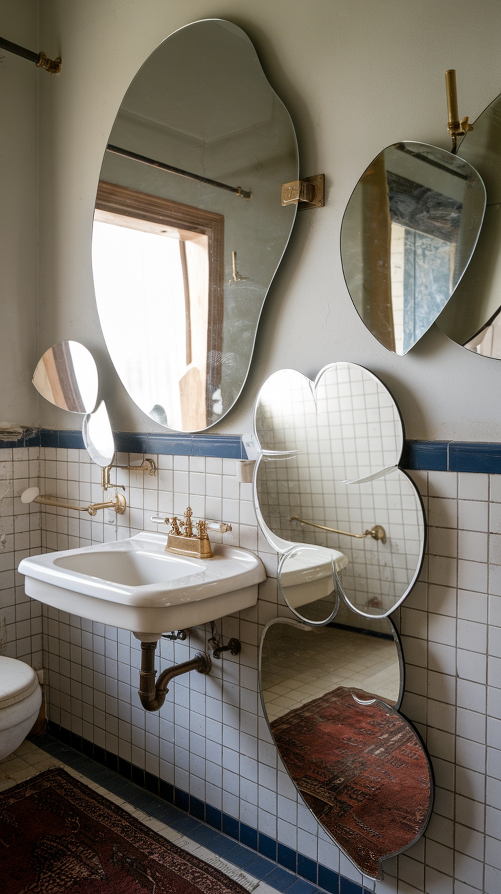 A creative arrangement of uniquely shaped mirrors in a bathroom, reflecting light and adding depth.