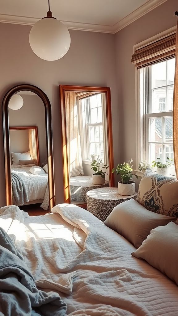 A cozy bedroom featuring two large mirrors reflecting sunlight, bright walls, and plants by the window.