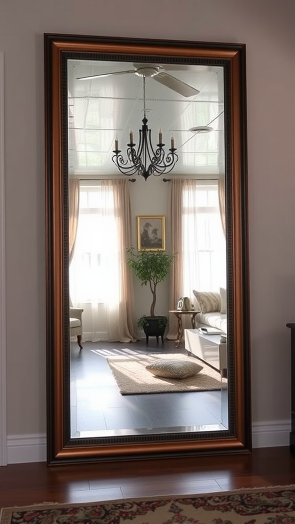 A large mirror reflecting a stylish living room with a chandelier, plant, and natural light.