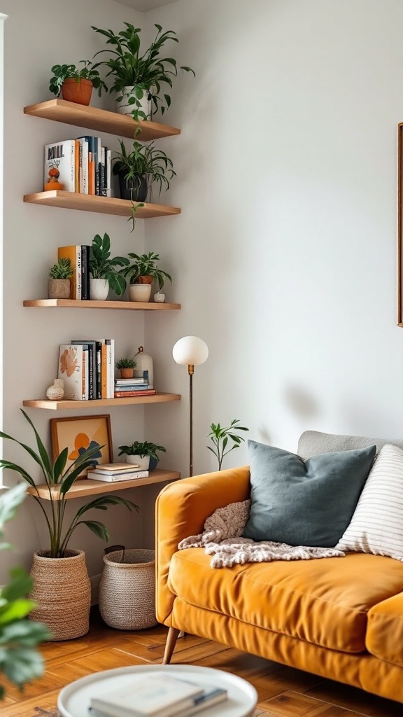 Interior corner with wooden shelves, books, plants, and a cozy couch.