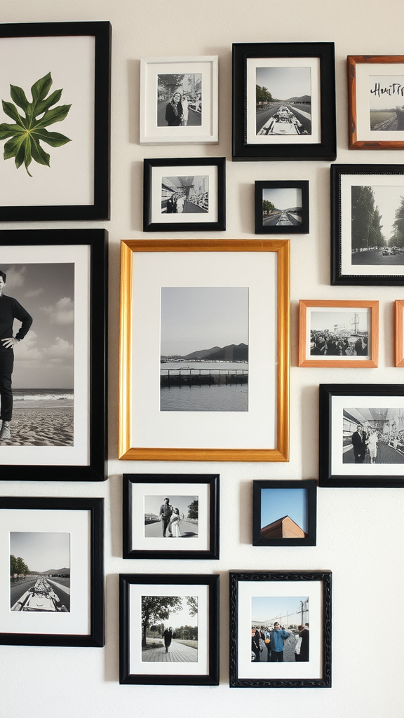 A creative gallery wall featuring a mix of black and white frames, colorful accents, and various photos.