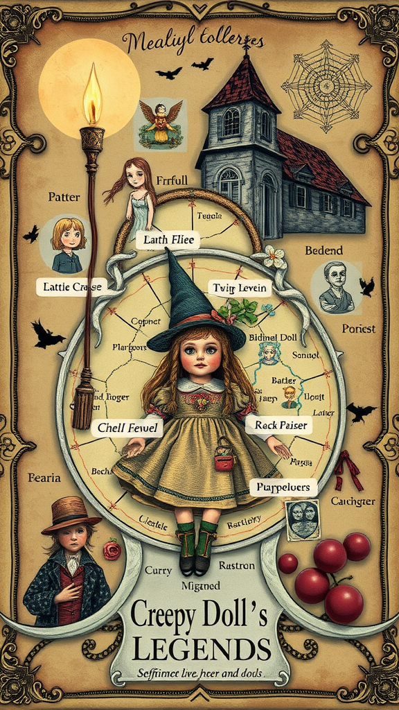 An illustrated map featuring creepy doll legends, showcasing various characters and places associated with creepy dolls.