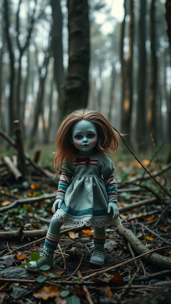 A creepy doll with pale blue skin stands in a foggy forest, surrounded by fallen leaves and twigs.