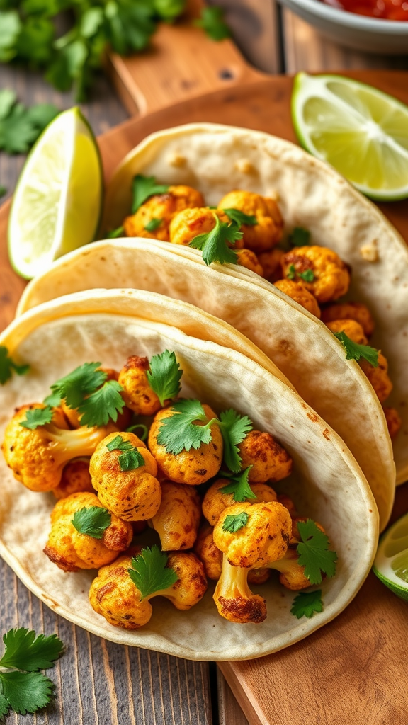 Crispy air fryer cauliflower tacos with fresh cilantro and lime wedges