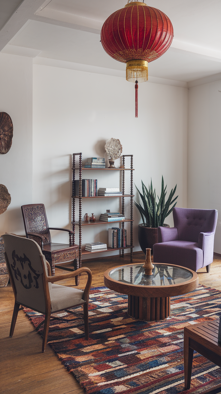 A cultural fusion living room featuring a red lantern, vintage furniture, and a colorful rug.