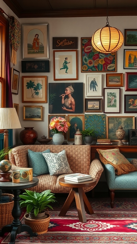 A cozy living room corner featuring a mix of cultural art, a woven sofa, colorful cushions, and potted plants.