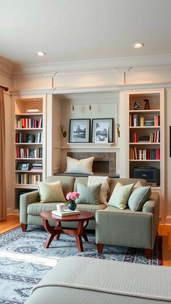 A cozy living room with a small couch, a coffee table, and bookshelves filled with books.