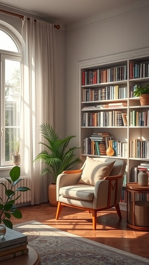 Cozy reading nook with an armchair, bookshelf, and plants in a sunlit room.