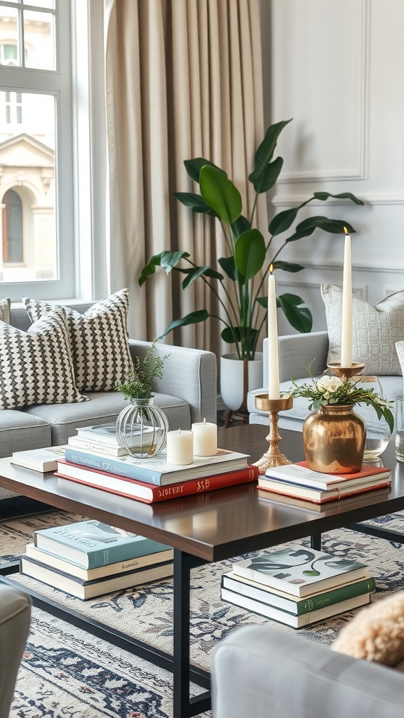 A polished coffee table with books, candles, and a small plant, creating an elegant living room setting.