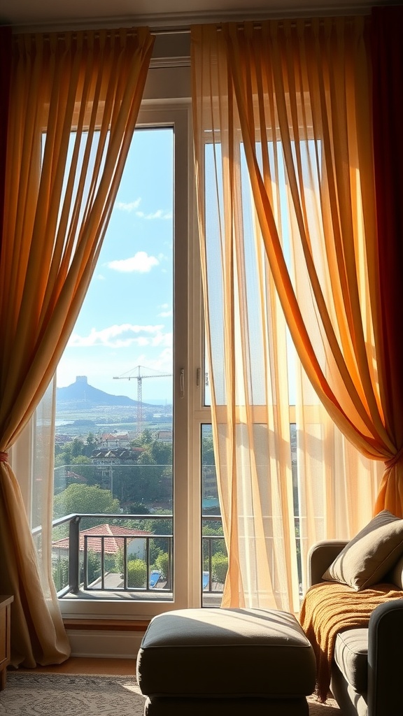 A cozy living room with warm golden curtains and a view outside.