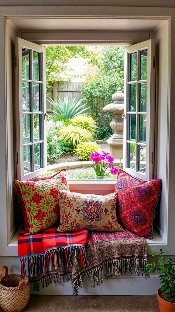 Cozy window seat with colorful cushions and a view of the garden