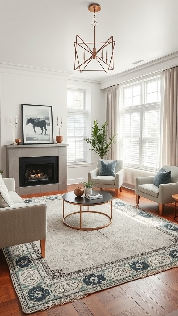 A luxurious living room featuring a custom area rug, elegant furniture, and tasteful decor.