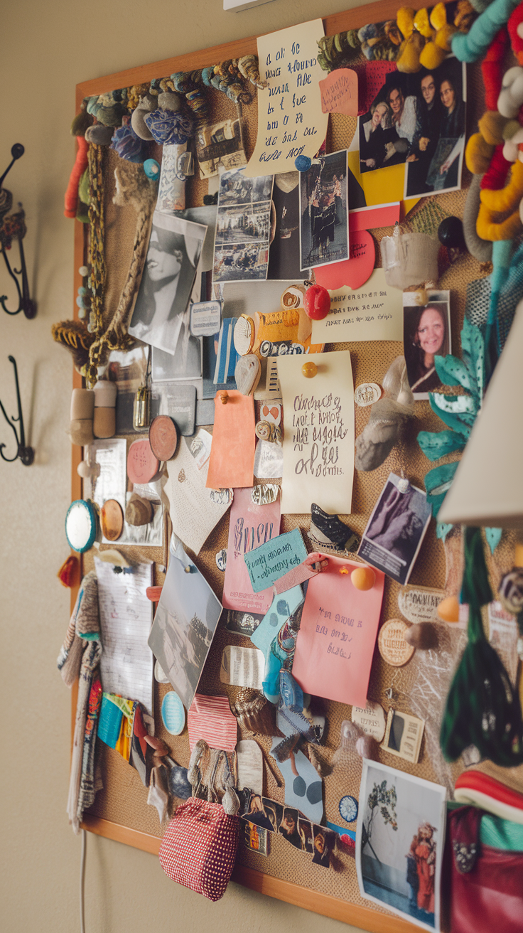 A colorful bulletin board filled with photos, notes, and decorative elements.