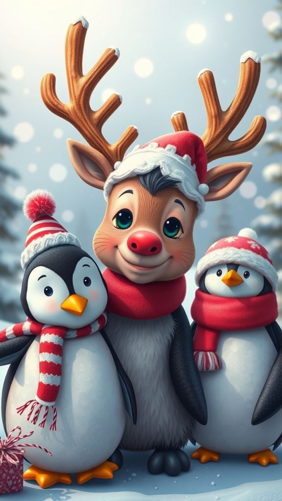 A cheerful reindeer with two penguins, all dressed in Christmas hats and scarves, standing in a snowy landscape.