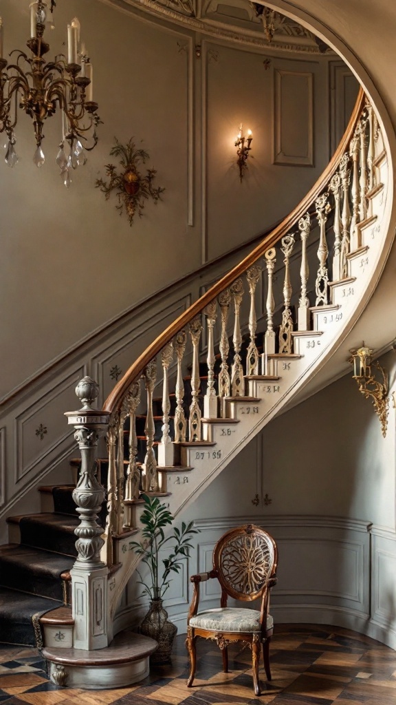 Decorative Victorian staircase with intricate railings and warm lighting