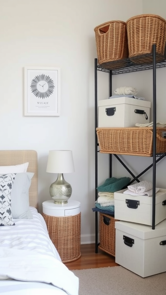Stylish storage solutions in a small bedroom featuring woven baskets and storage boxes on a shelf.