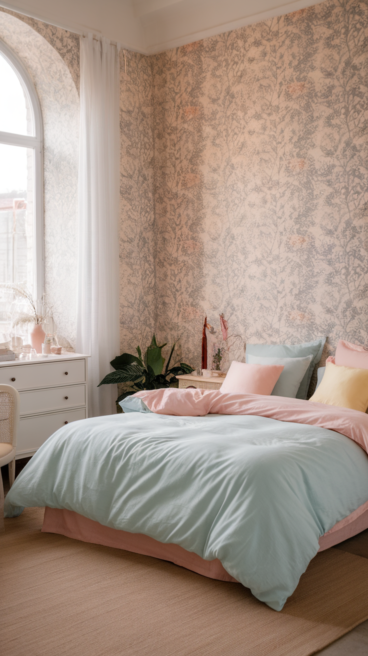 A cozy bedroom with delicate floral wallpaper and pastel bedding, featuring a centered bed with soft hues.