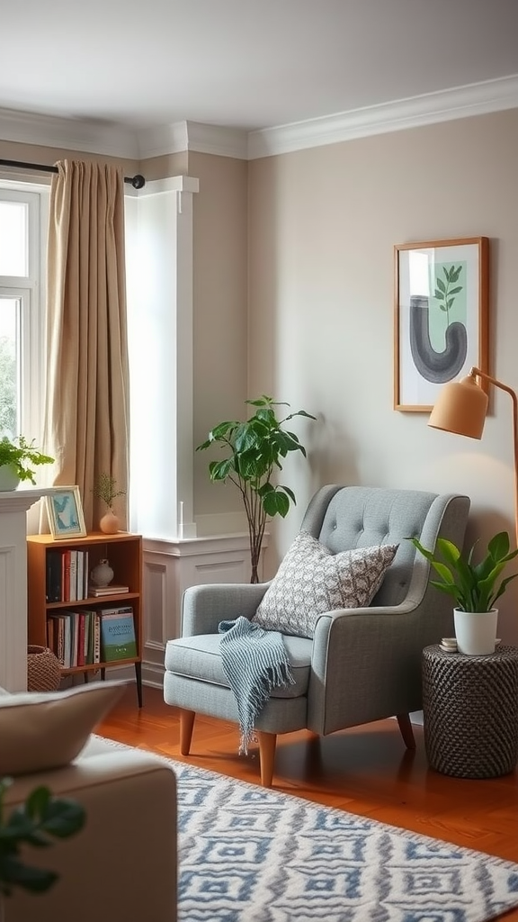 Cozy reading nook in a corner with a comfortable chair, plants, and soft lighting.
