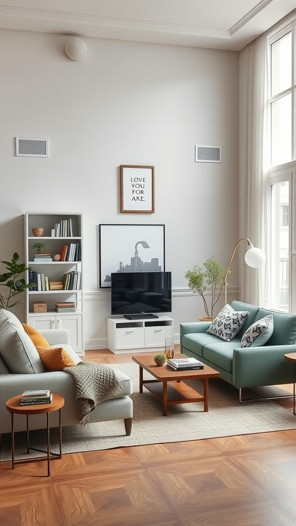 A cozy Organic Modern Living Room featuring two sofas, a coffee table, and a TV stand, adorned with plants and decorative elements.