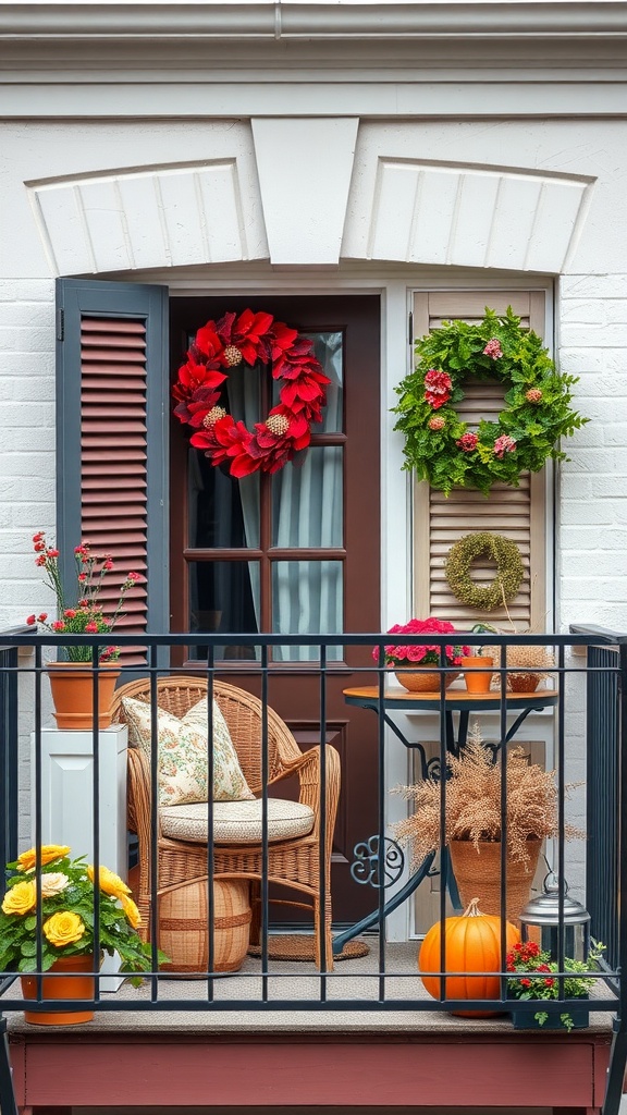 A cozy small balcony decorated for fall with wreaths, flowers, and a pumpkin.