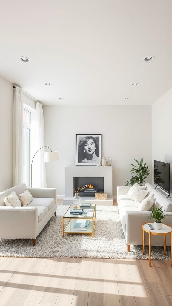 A light and airy living room with two light couches, a coffee table, and a plant, showcasing a modern and cozy design.