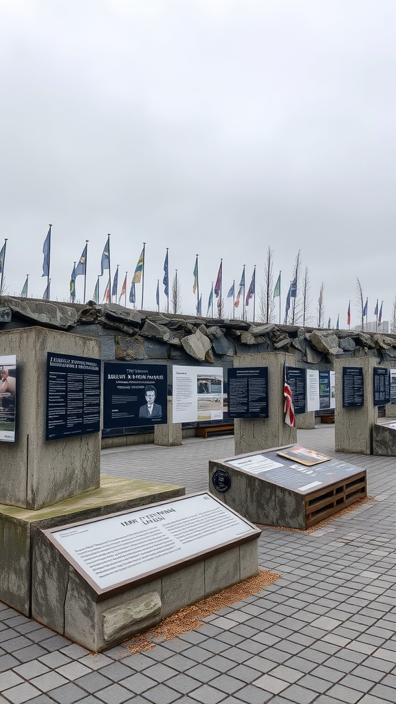Berlin Wall Memorial with informational displays and flags
