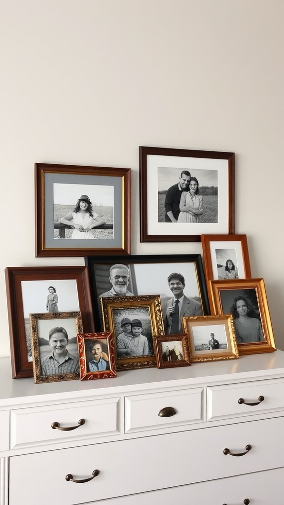 A collection of black-and-white framed photographs displayed on a dresser.