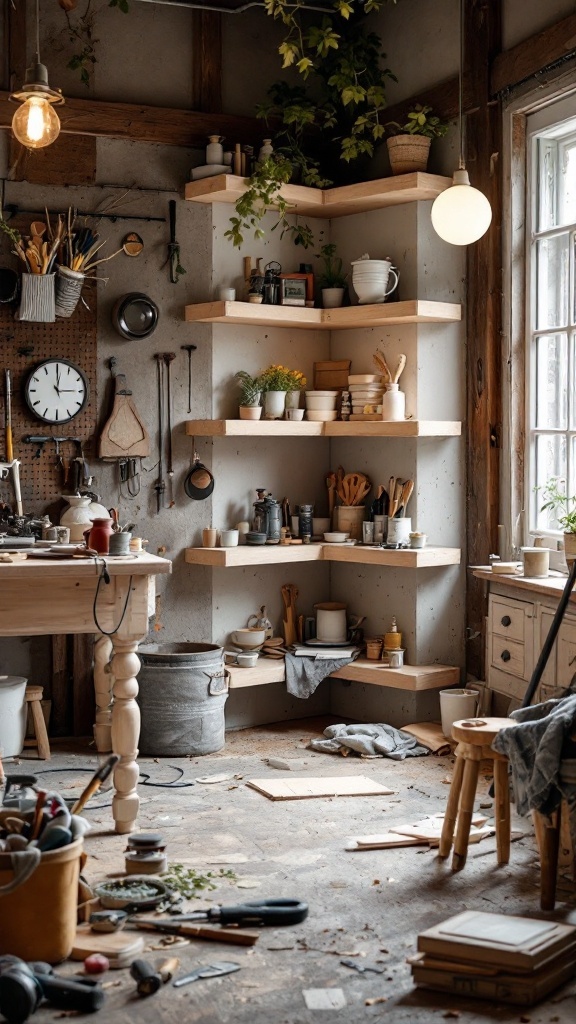 Decorative corner shelves with various pots and utensils in a cozy workshop.