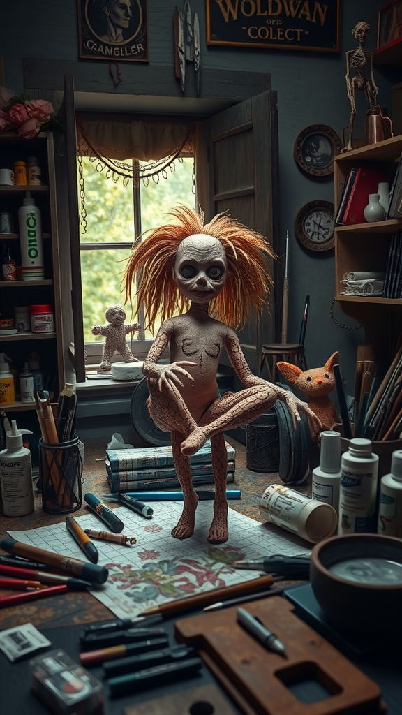 A creepy handmade doll with wild hair and exaggerated features, surrounded by art supplies in a dimly lit workshop.