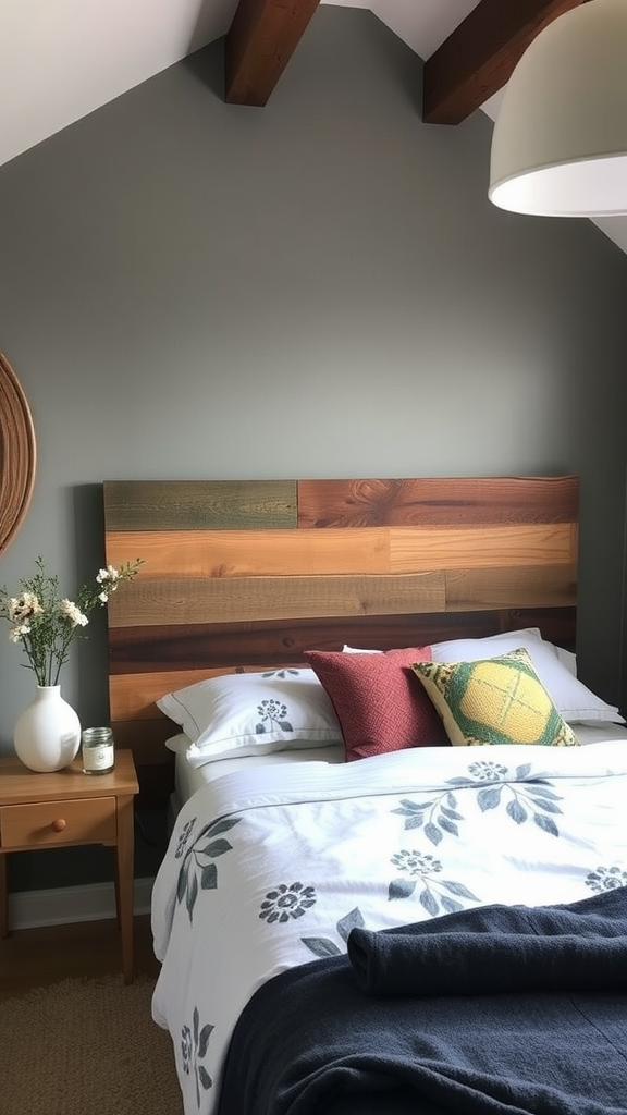 DIY wooden headboard in a cozy bedroom with decorative pillows and soft bedding.