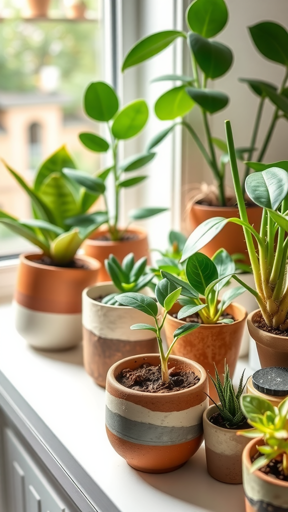 A collection of potted indoor plants arranged on a windowsill, showcasing various designs and textures of pots.