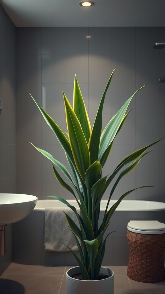 A tall Dracaena plant with green and yellow leaves in a modern bathroom setting.
