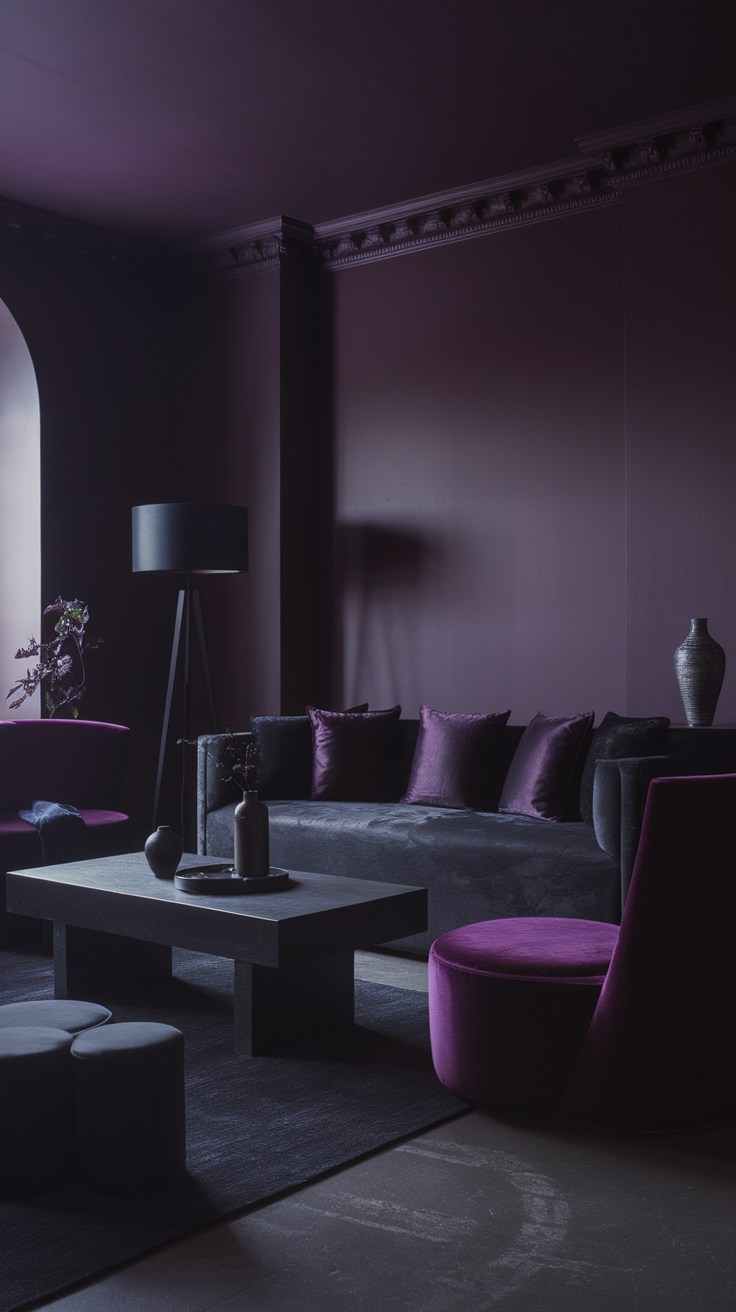 A stylish mid-century modern living room featuring dark purple walls, a plush sofa with purple cushions, and contrasting black furniture.