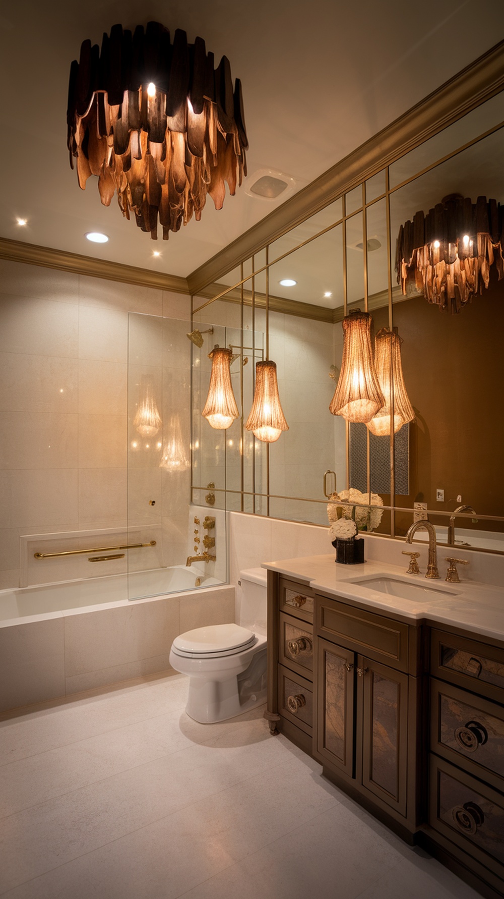 A luxurious bathroom featuring dramatic lighting fixtures above a sink and tub, showcasing elegant design and warm lighting.